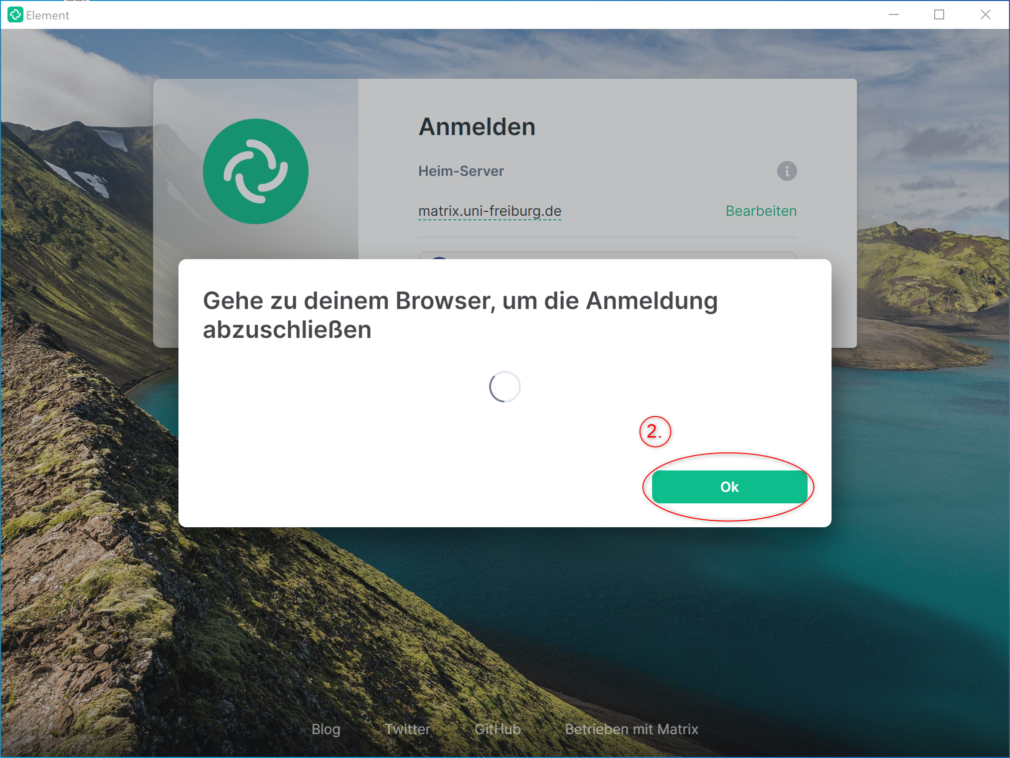 Screenshot: Neues Fenster in der Anmeldemaske mit Aufforderung Gehe zu deinem Browser um die Anmeldung abzuschließen. Hervorgehobener OK-Button, markiert als Schritt 2