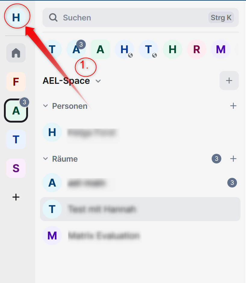 Screenshot: Element-Chatfenster. Roter Pfeil zeigt auf hervorgehobenes Profil-Icon links oben, markiert als Schritt 1
