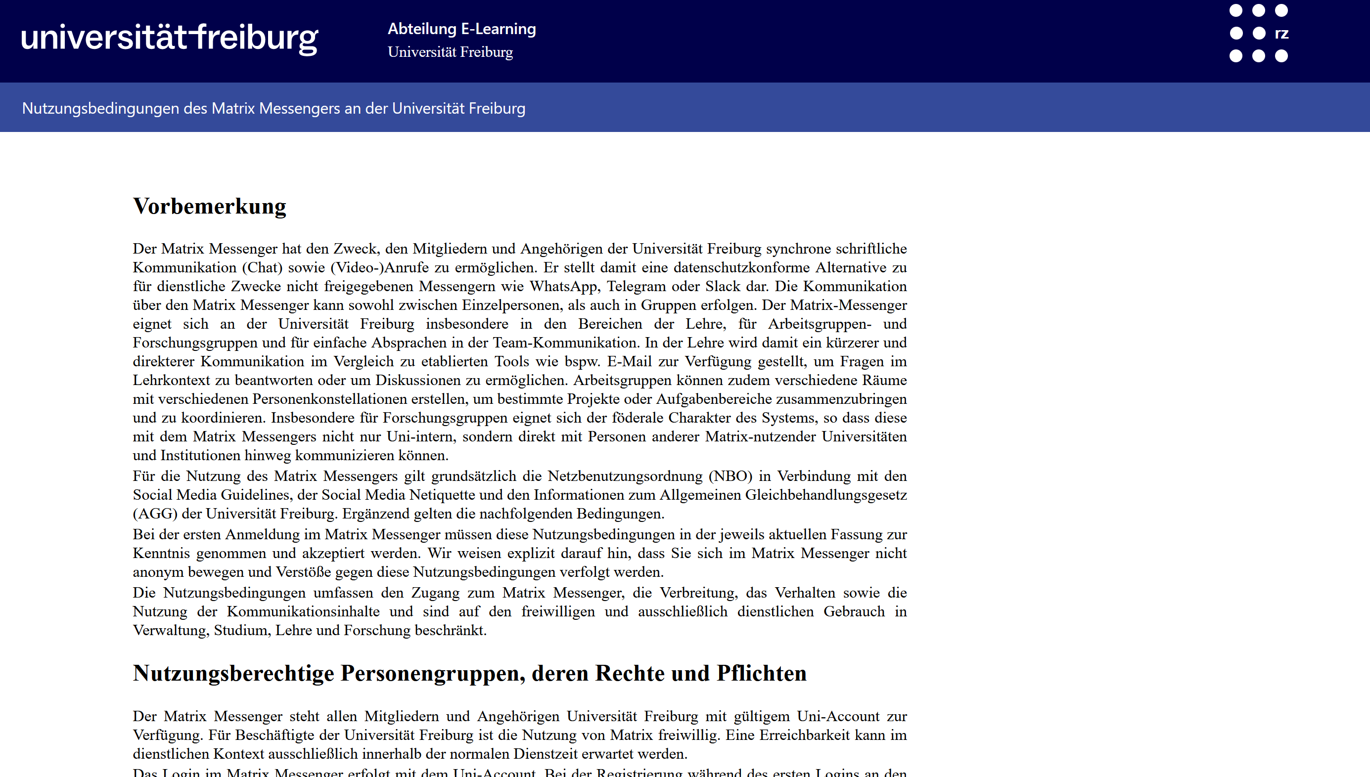 Screenshot: Ausschnitt der Nutzungsbedingungen des Matrix Messengers an der Universität Freiburg