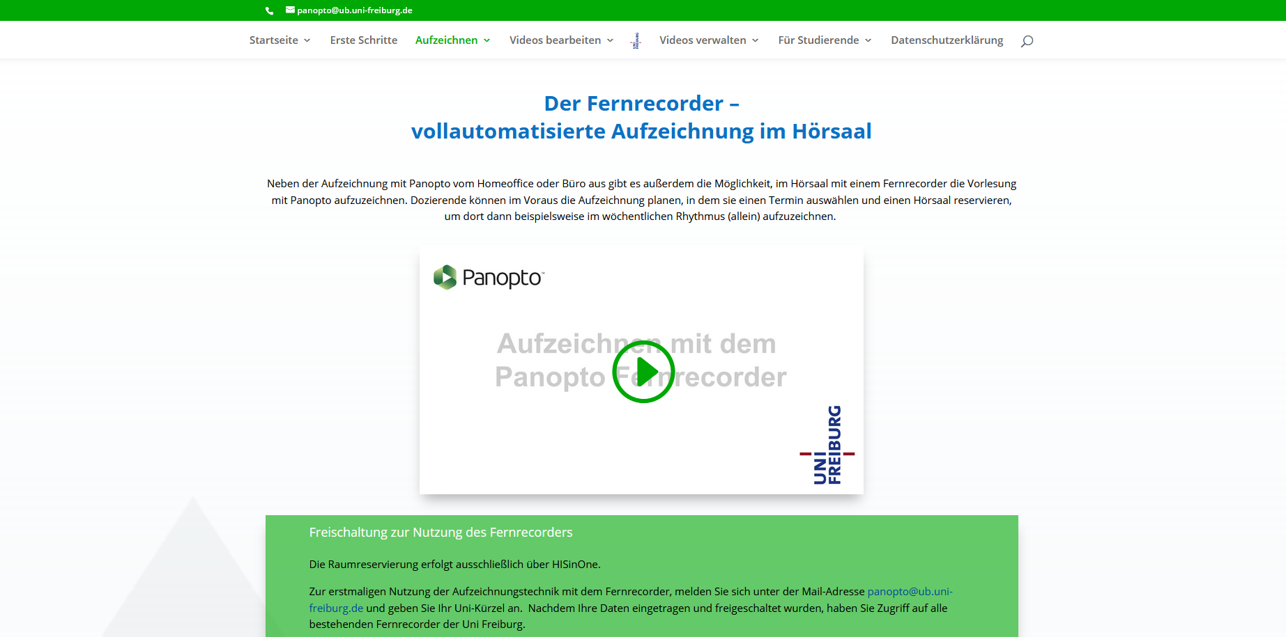 Screenshot mit Link zur Panopto Support Website