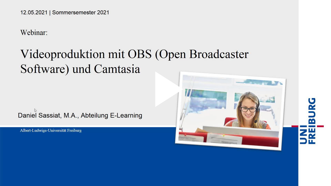 Screenshot with link to the webinar recording “Webinar 10: Videoproduktion mit Open Broadcaster Software und Camtasia (Mi, 12.5.21)” on the video portal