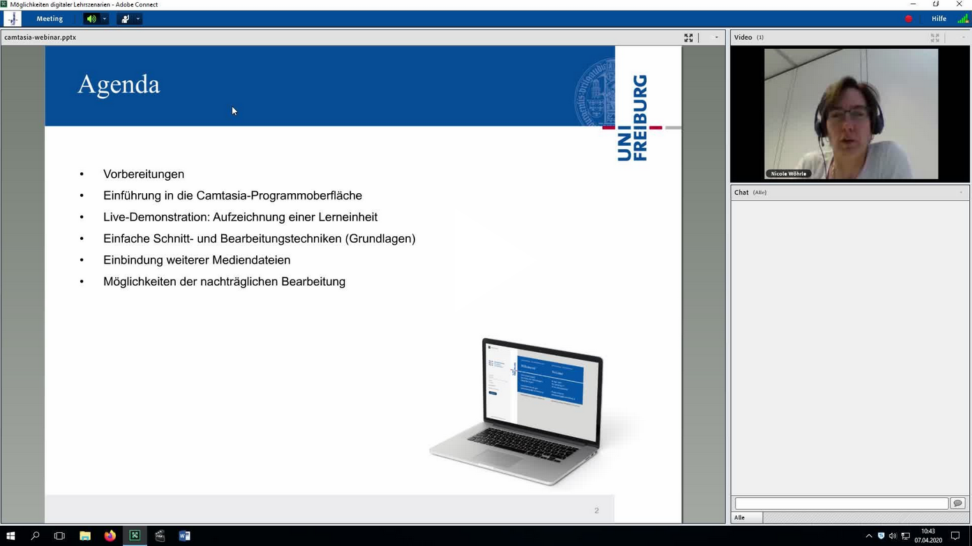 Screenshot with link to the webinar recording “Webinar Screencasts und E-Lectures mit Camtasia (07.04.2020)” on the video portal