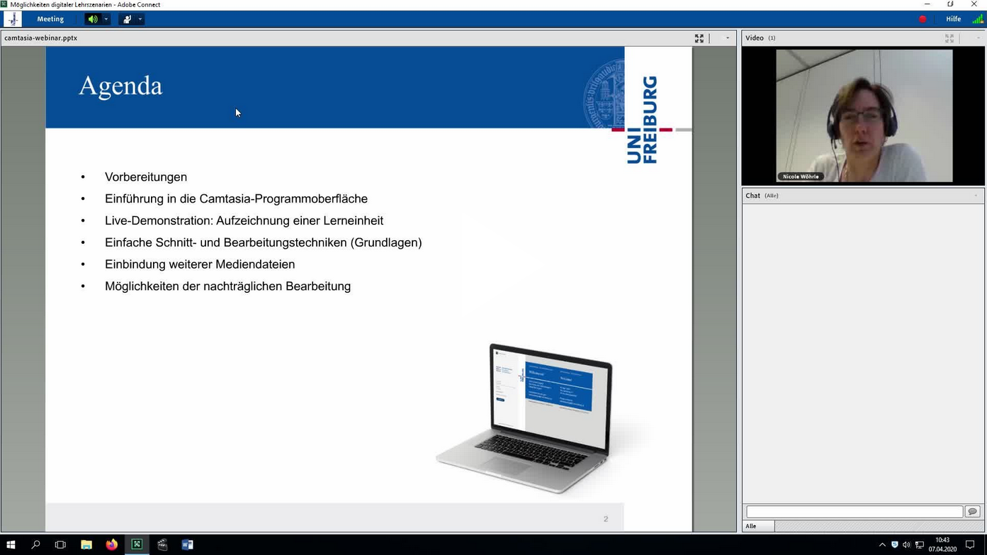 Screenshot mit Link zur Webinar-Aufzeichnung "Webinar Screencasts und E-Lectures mit Camtasia (07.04.2020)" auf dem Videoportal