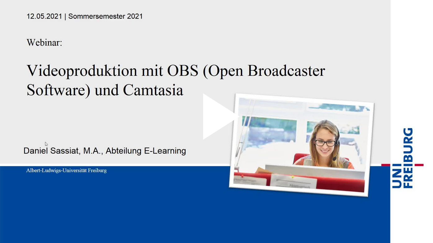 Screenshot mit Link zur Webinar-Aufzeichnung "Webinar 10: Videoproduktion mit Open Broadcaster Software und Camtasia (Mi, 12.5.21)" auf dem Videoportal