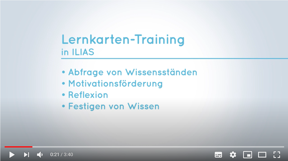 Screenshot mit Link zum Video-Tutorial "Screencast ILIAS Lernkartentraining" auf YouTube