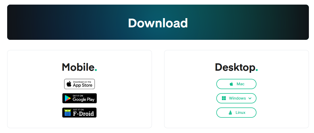 Screenshot: Element-Website mit Download-Optionen für Mobil- und Desktop-Clients.
