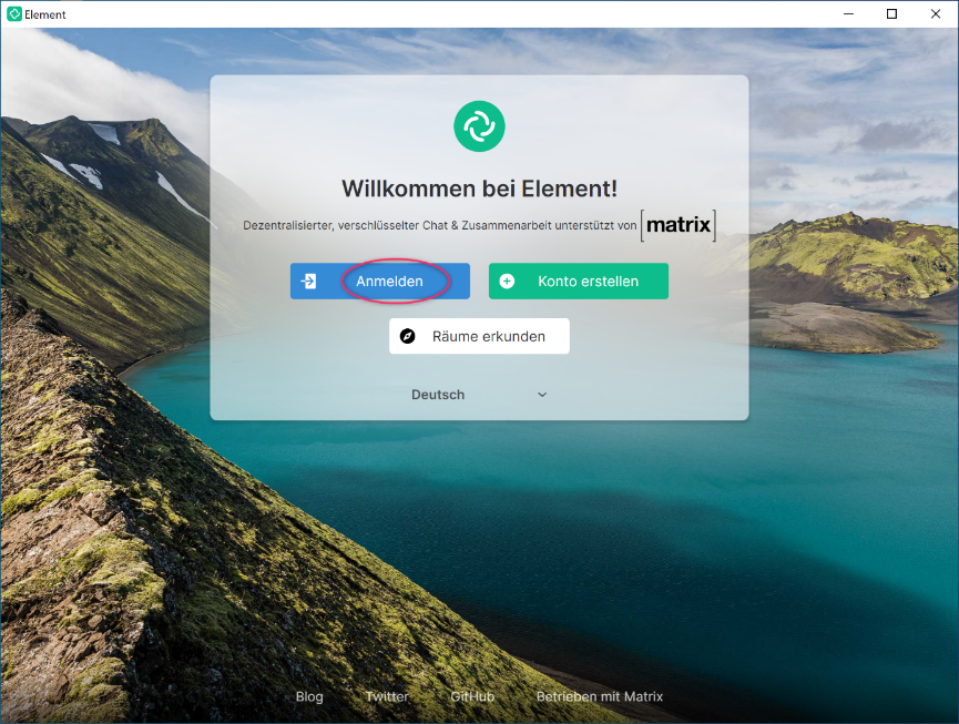 Screenshot: Begrüßungsseite des Element Client mit hervorgehobenem Anmeldebutton