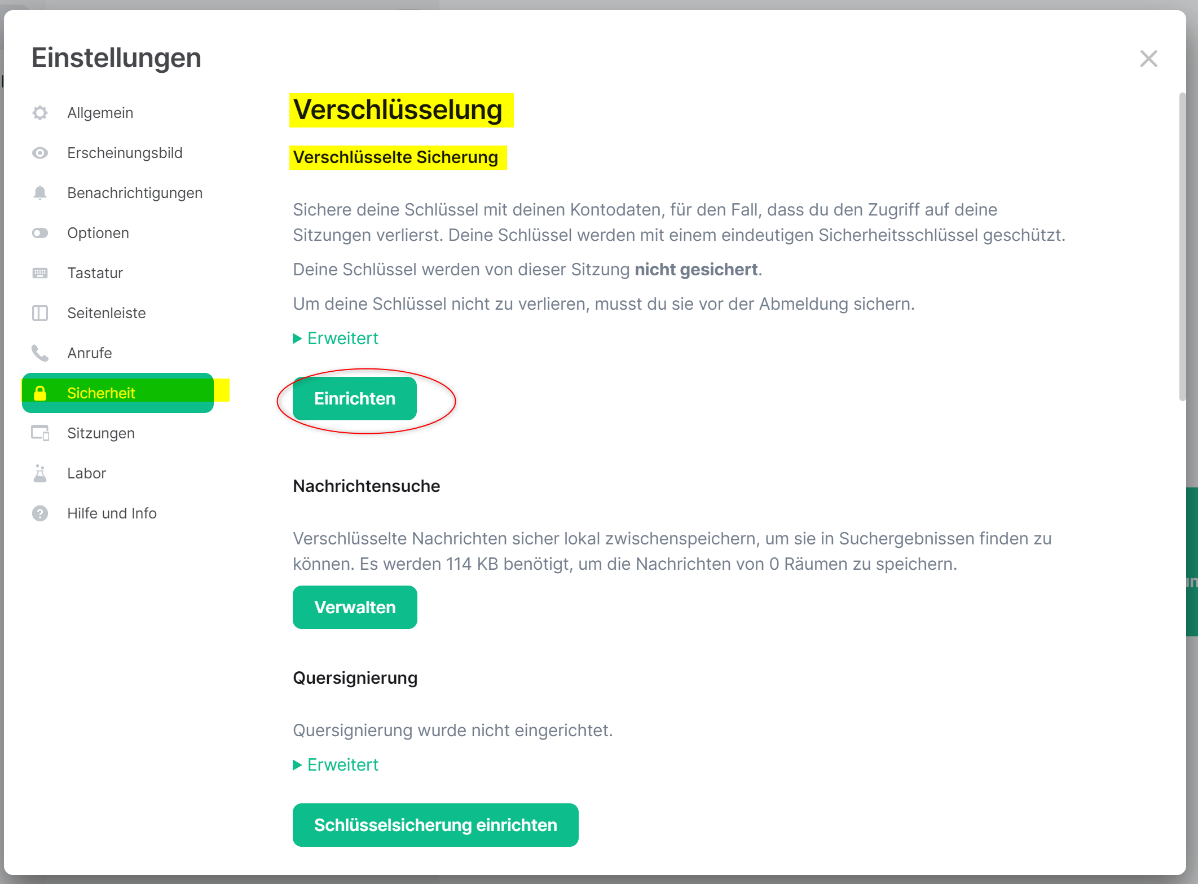 Screenshot: Profiloption "Sicherheit", gelb markierter Abschnitt "Verschlüsselung"  mit hervorgehobenen Einrichten-Button