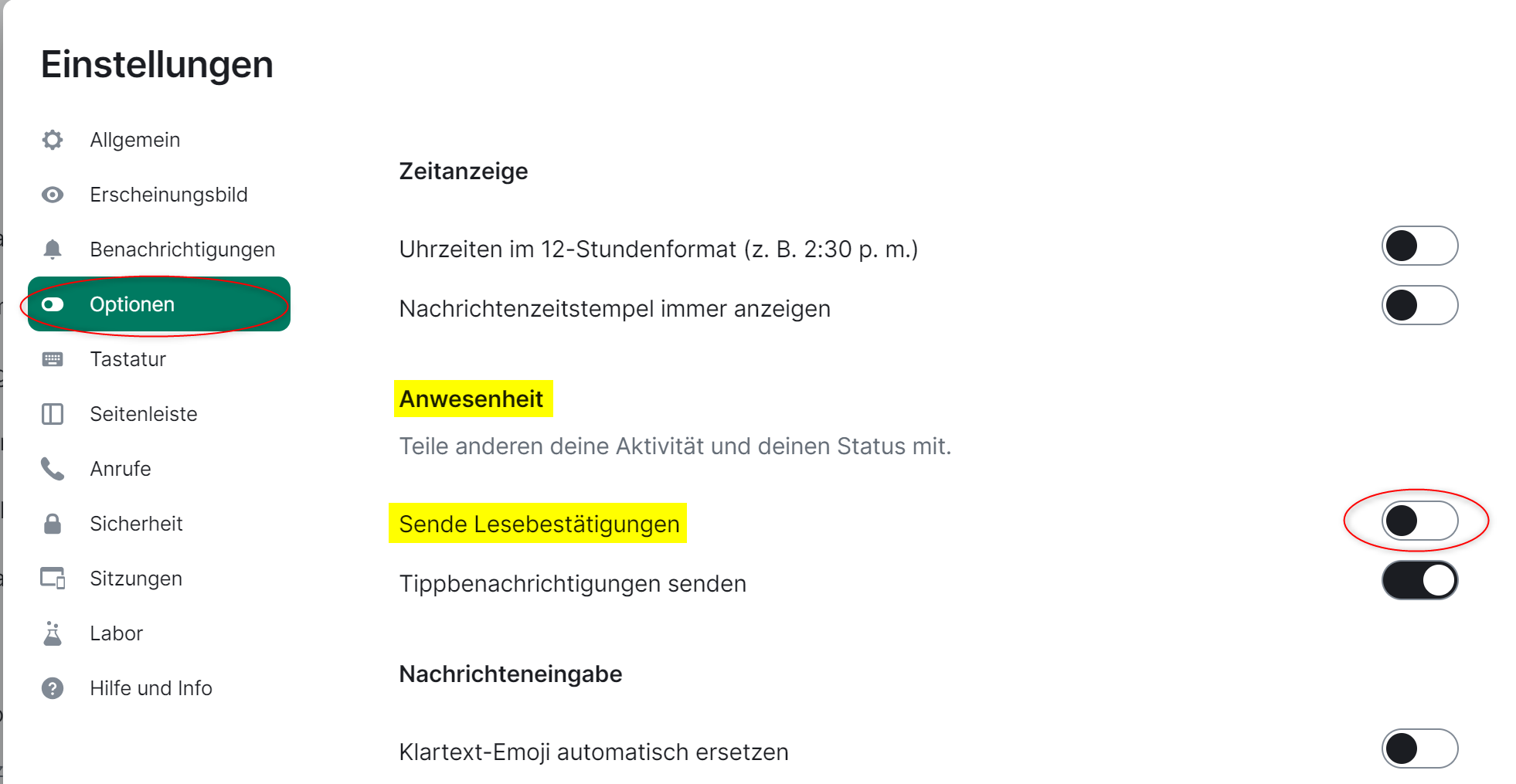 Screenshot: Beispielhafte Profileinstellungen mit hervorgehobenem Abschnitt "Optionen". Gelb markierte Überschrift "Anwesenheit" und Otion "Sende Lesebestätigung. Hervorgehobener Regler für zur Aktivierung/Deaktivierung dieser Option