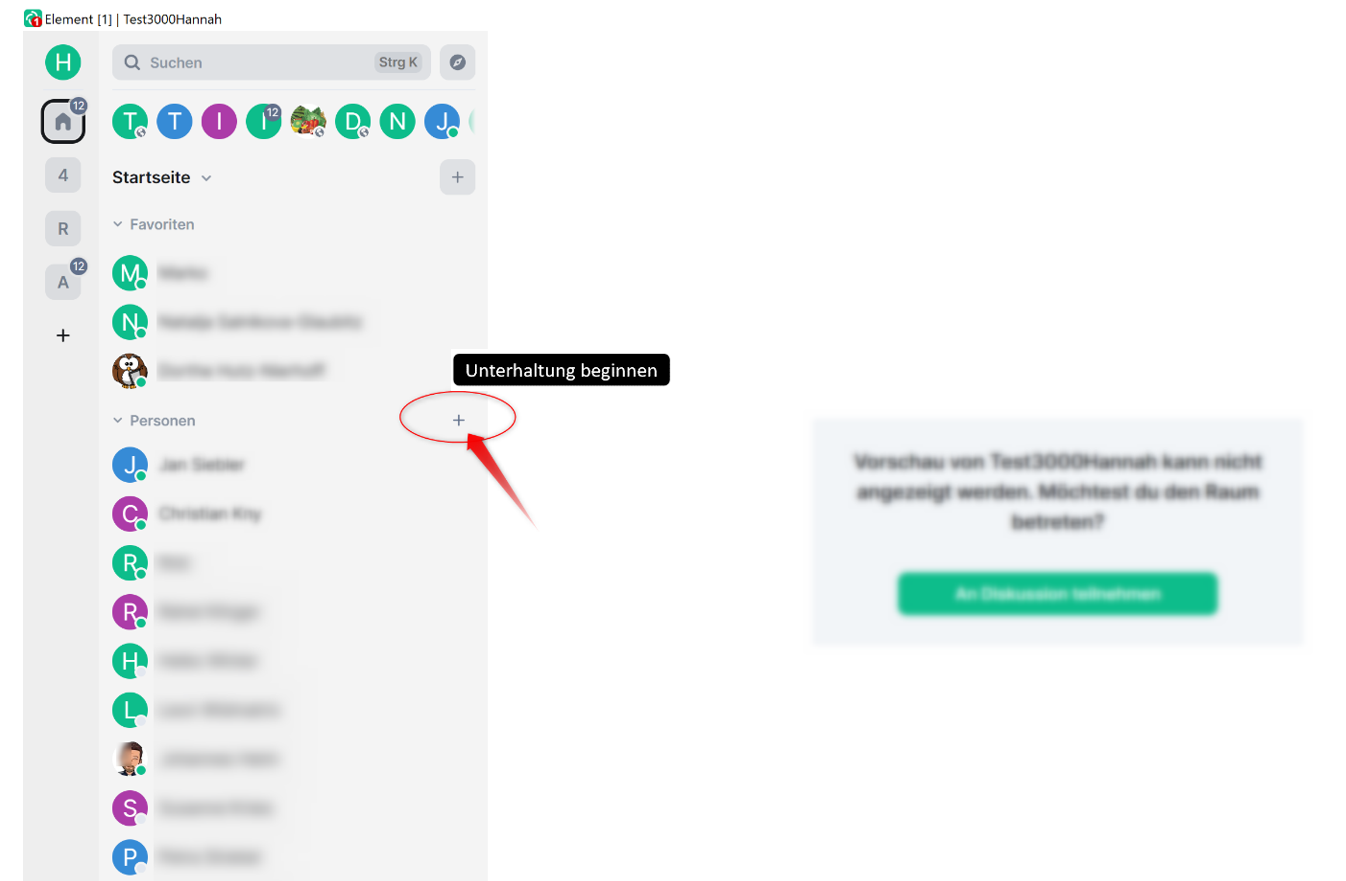 Screenshot: Element Chatfenster mit Seitenliste und Navigationsansicht. Roter Pfeil zeigt auf ein kleines Plus neben "Personen" in der Seitenliste.