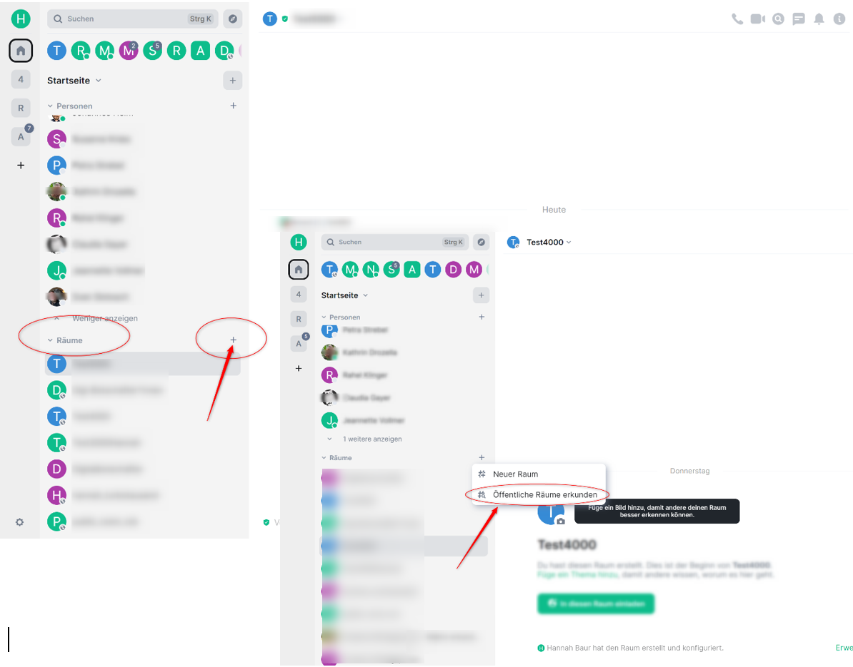 Screenshot: Element Chatfenster. Der Bereich Räume in der Seitenleiste ist hervorgehoben. Ein roter Pfeil zeigt auf das Plus neben Räume. Ein anderer roter Pfeil zeigt un aufgeklappten Menü auf die Option "öffentliche Räume erkunden".