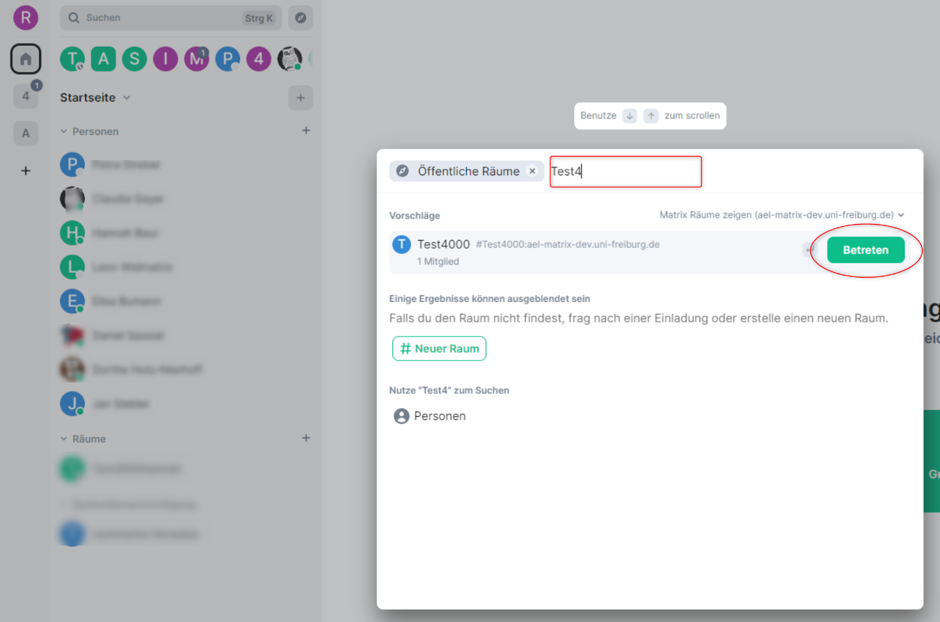 Screenshot: Element Chatfenster mit geöffneter Suchmaske. Im Suchfeld ist der Beispielraum "Test4..." eingegeben und hervorgehoben. Unter den Vorschlägen erscheint der Beispielraum "Test4000".  Der Betreten-Button ist hervorgehoben.