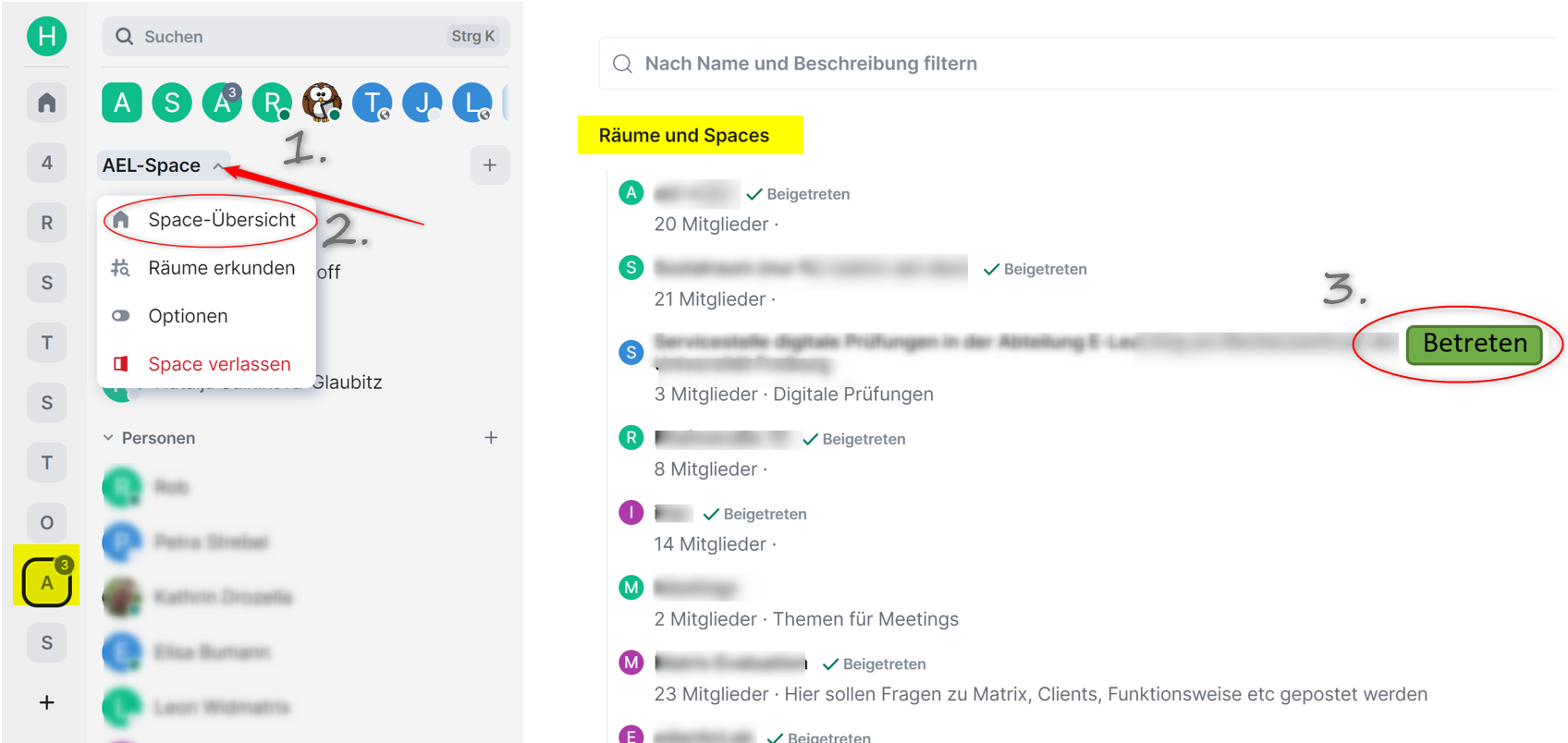 Screenshot: Beispiel AEL-Space. Roter Pfeil zeigt auf Space-Namen, in der Seitenleiste oben links, markiert als Schritt 1. Space-Optionen sind ausgeklappt, "Space-Übersicht" - Option hervorgehoben, markiert als Schritt 2. Rechts im Chatfenster Übersicht der Räume und Spaces (Überschrift gelb markiert). Neben Raumnamen hervorgehobene Beitreten-Button, markiert als Schritt 3.