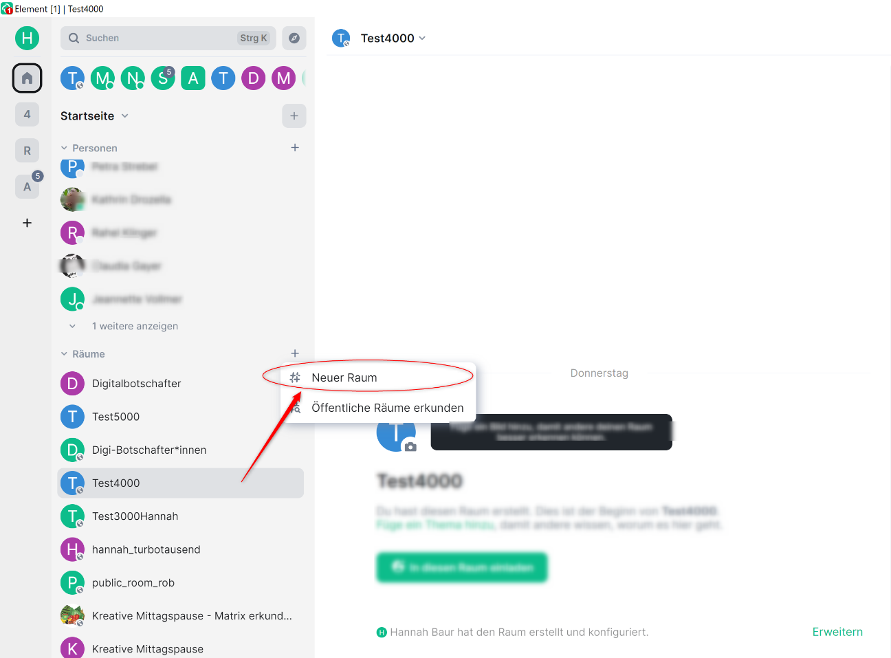Screenshot: Element Chatfenster. Roter Pfeil zeigt auf aufgeklapptes Menü durch Klicken auf das Plus neben Räume. Option #Neuer Raum ist hervorgehoben.