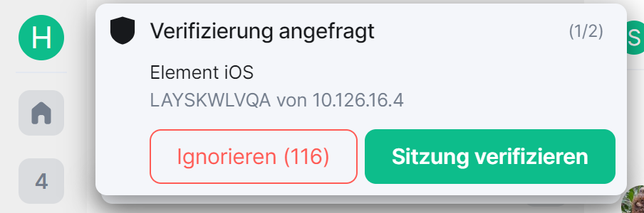 Screenshot: Verifizierung angefragt mit Beispielgerät. Zur Auswahl stehen ein Ignorieren-Button und ein grün hinterlegter Sitzung-verifizieren-Button