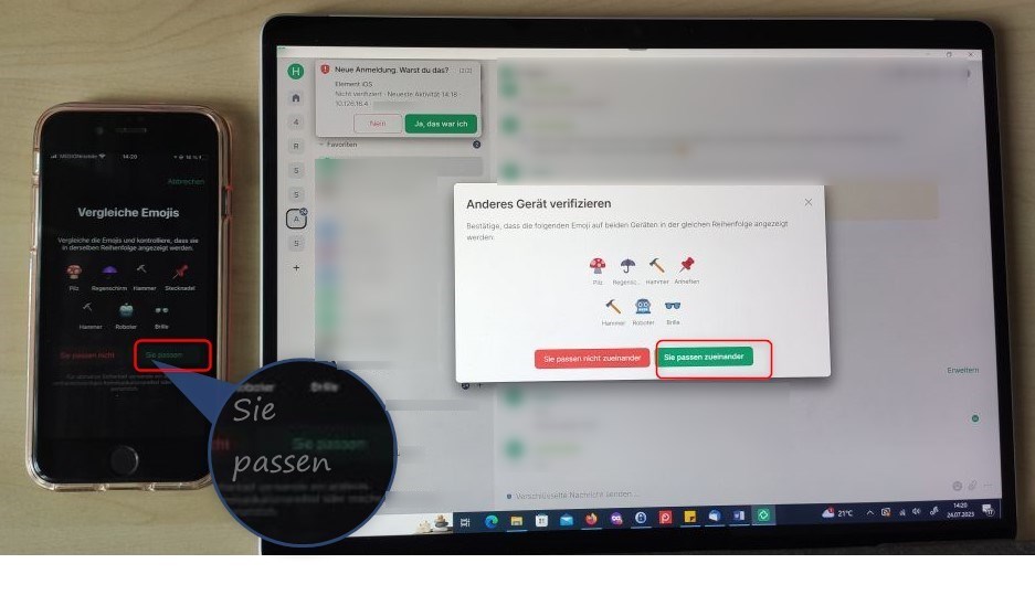 Ein Smartphone und ein Laptop-Bildschirm, die den Verifizierungsvorgang anhand des Emoji-Vergleichs auf beiden Geräten zeigen. Hervorgehoben ist der Sie passen-Button.
