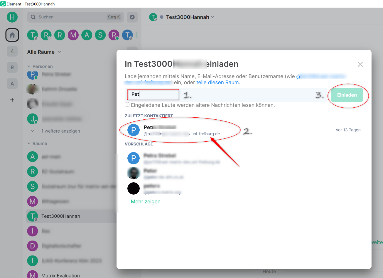 Screenshot: Geöffnete Suchmaske In Beispielraum einladen. Beispielname "Pet.." im Suchfeld eingegeben, hervorgehoben als Schritt 1. Roter Pfeil zeigt auf unter den Vorschlägen erscheinenden Beispielnamen "Pet...", markiert als Schritt 2. Hervorgehobener Einladen-Button, markiert als Schritt 3