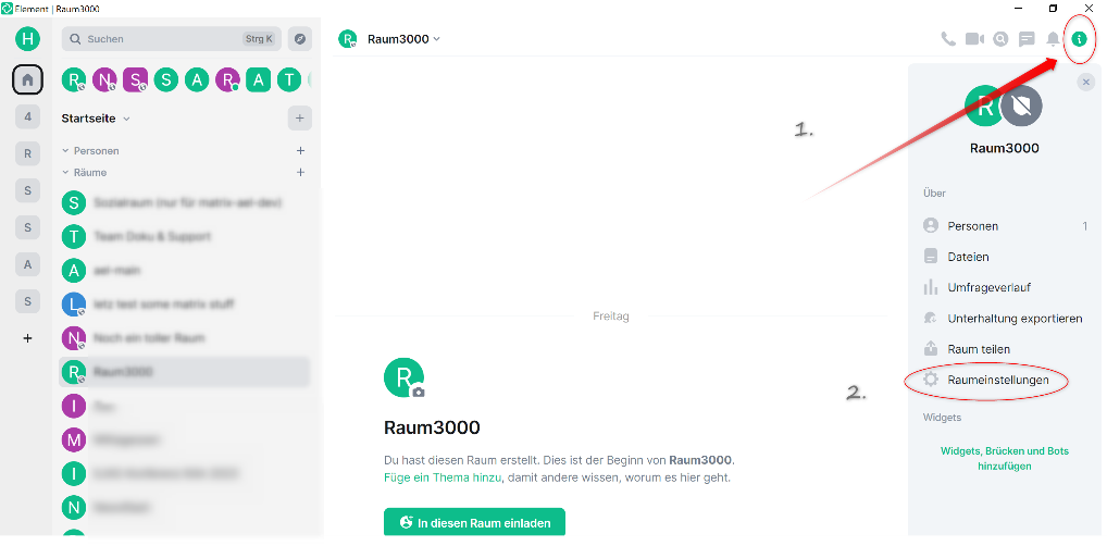 Screenshot: Neu erstellter Raum (Beispielname "Raum3000") mit Infotext "Du hast diesen Raum erstellt. Dies ist der Beginn von Raum3000. Füge ein Thema hinzu, damit andere wissen, worum es hier geht. Hervorgehobener, grünhinterlegter In diesen Raum einladen-Button. Roter Pfeil zeigt auf Info-Icon rechts oben in der Ecke, markiert als Schritt 1. Raum-Optionen (Personen, Dateien, Umfageverlauf, Unterhaltung exportieren, Raum teilen, Raumeinstellungen hervorgehoben, markiert als Schritt 2).