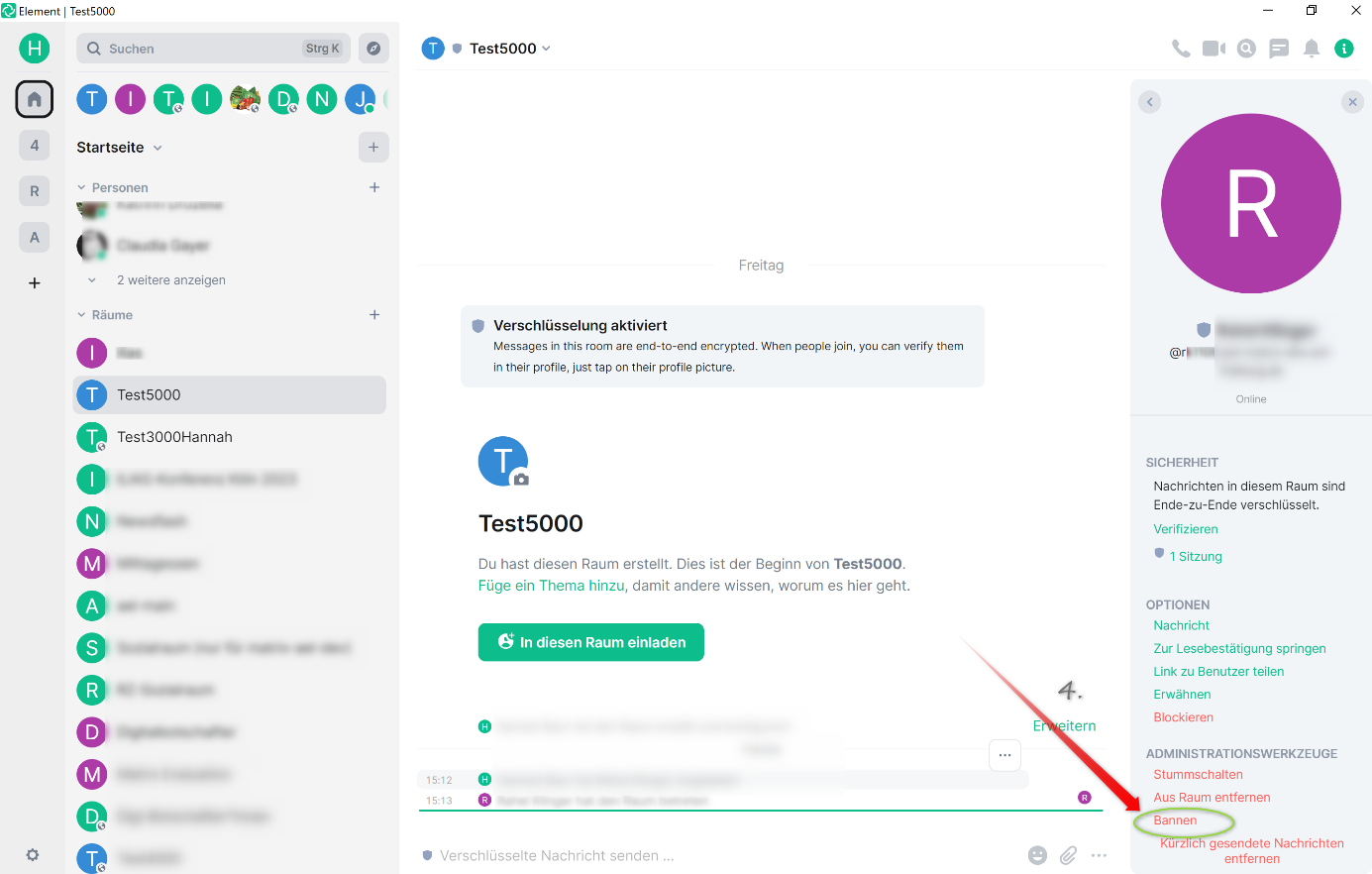 Screenshot: Geöffnete Kontaktinformationen mit Optionenauswahl (Nachricht, Zur Lesebestätigung springen, Link zu Benutzer teilen, Erwähnen, Blockieren). Administrationswerkzeuge sind aufgelistet (Stummschalten, Aus Raum entfernen, Bannen, kürzlich gesendete Nachrichten entfernen). Roter Pfeil zeigt auf hervorgehobenes Adminwerkzeug "Bannen".