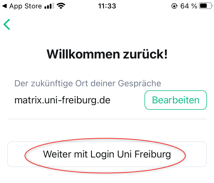 Screenshot: Zurück auf der Willkommensseite. Veränderter Button "Weiter mit Login Uni Freiburg" hervorgehoben.