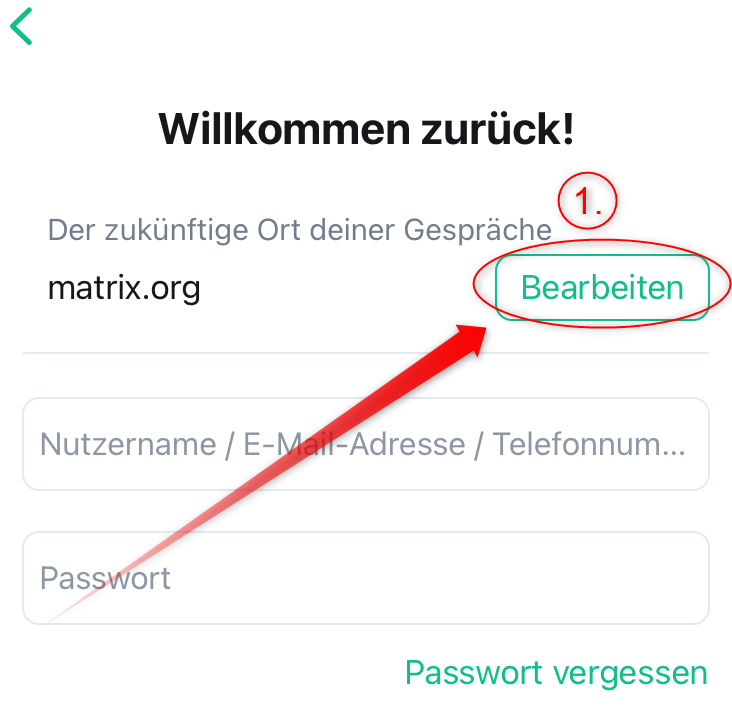 Screenshot: Willkommenseite der Element-App. Bearbeiten-Button hervorgehoben und als Schritt 1 markiert.