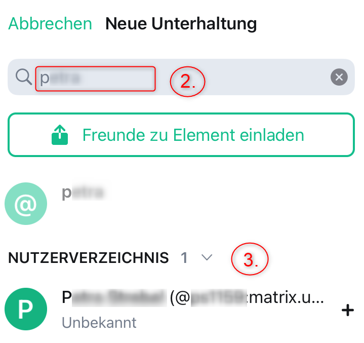 Screenshot: Suchmaske. Suchfeld zur manuellen Eingabe hervorgehoben und als Schritt 2 markiert. Unterhalb befindet sich ein hervorgehobener Name unter dem Nutzerverzeichnis. Als Schritt 3 markiert.
