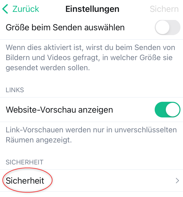 Screenshot: Ausschnitt aus den Nutzereinstellungen. Sicherheit-Button hervorgehoben. 