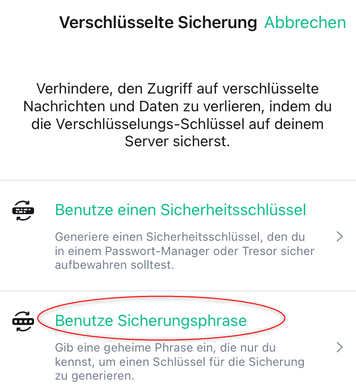 Screenshot: Verschlüsselte Sicherung. Hinweistext: Verhindere, den Zugriff auf verschlüsselte Nachrichten und Daten zu verlieren, indem du die Verschlüsselungs-Schlüssel auf deinem Server sicherst. Option "Benutze Sicherungsphrase" hervorgehoben. Hinweistext: Gib eine geheime Phrase ein, die nur du kennst, um einen Schlüssel für die Sicherung zu generieren.