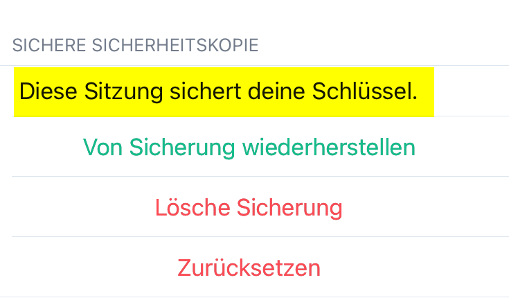 Screenshot: Sichere Sicherheitskopie "Diese Sitzung sichert deine Schlüssel" gelb markiert.