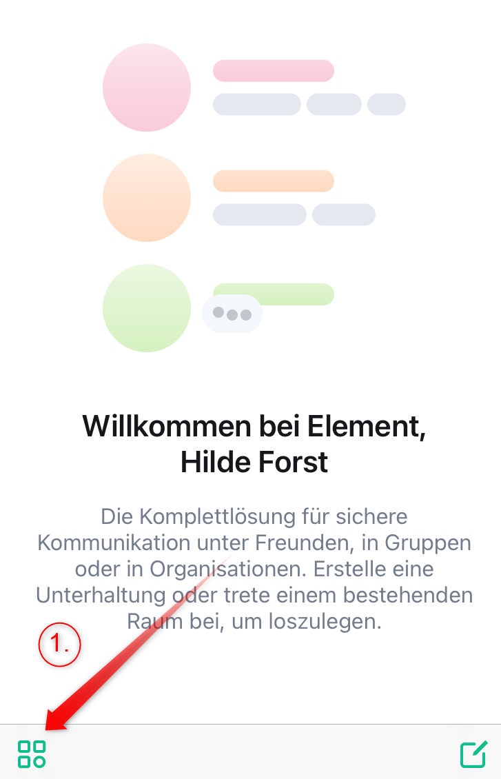 Screenshot: Willkommens-Seite für registrierte User*innen. Icon links unten hervorgehoben und als Schritt 1.