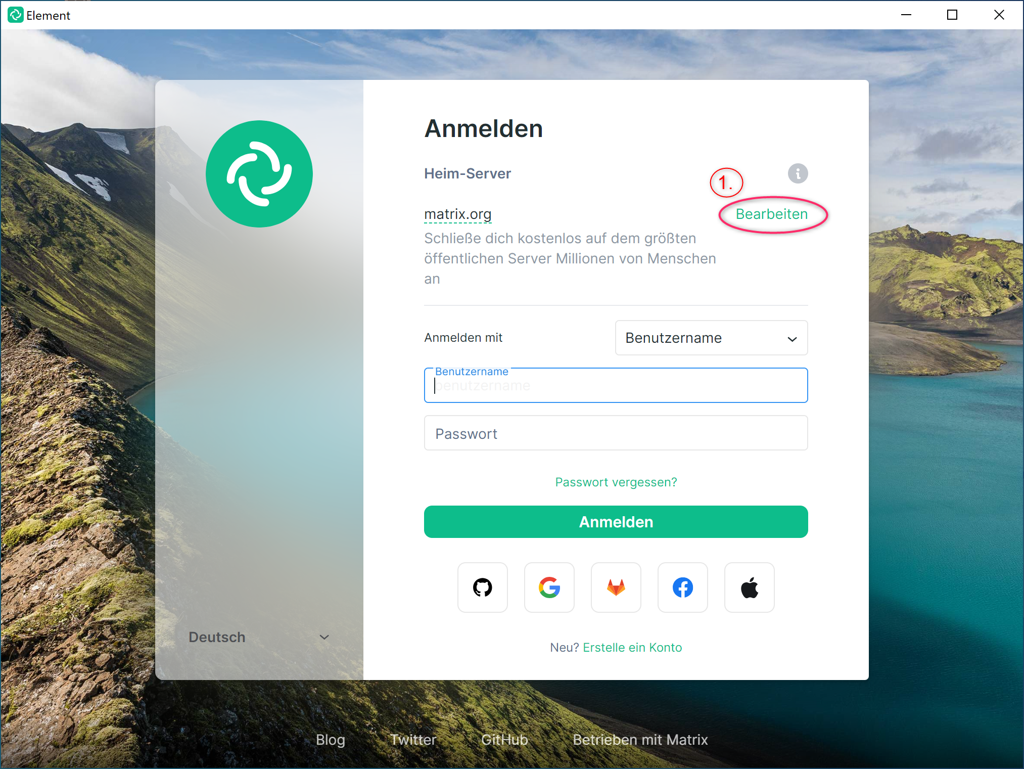 Screenshot: Element-Client-Anmeldemaske mit hervorgehobenem Bearbeiten-Button für die Anpassung des Heim-Servers, gekennzeichnet als Schritt 1