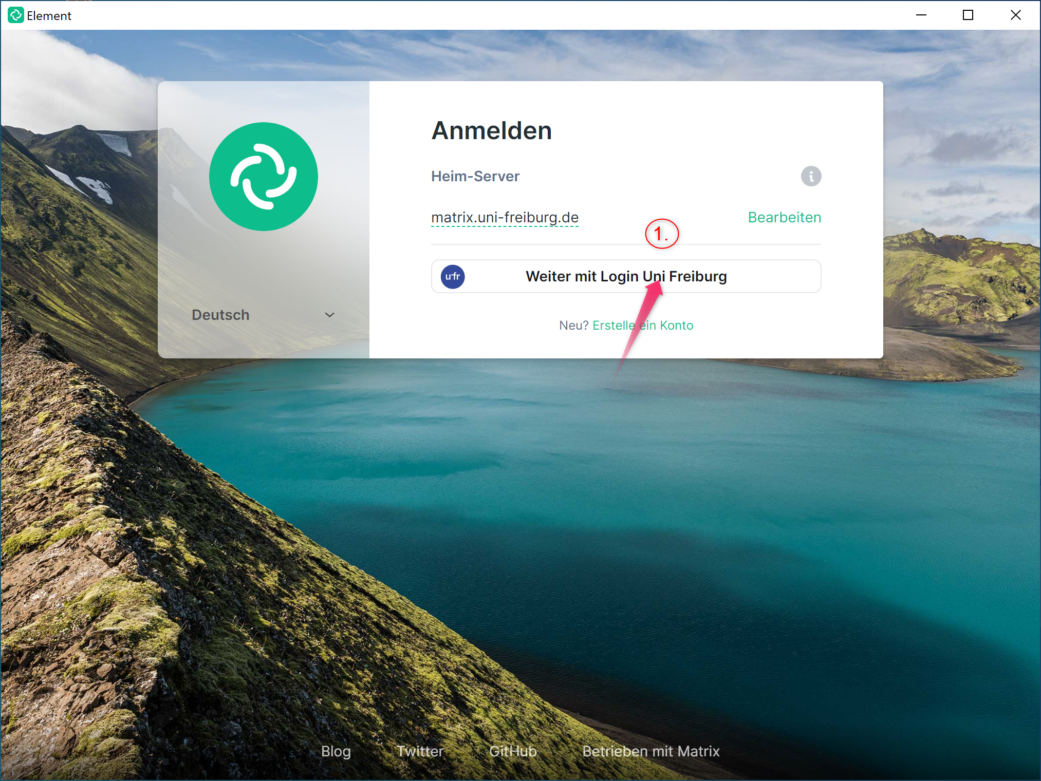 Screenshot: Element-Client-Anmeldemaske mit hervorgehobenem Login-Uni-Freiburg-Button, gekennzeichnet als Schritt 1