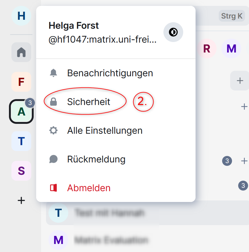 Screenshot: Element-Chatfenster. Geöffnete Profiloptionen mit Auswahlmenü: Benachrichtigungen, Sicherheit, Alle Einstellungen, Rückmeldung, Abmelden. Hervorgehobene Auswahl Sicherheit, markiert als Schritt 2