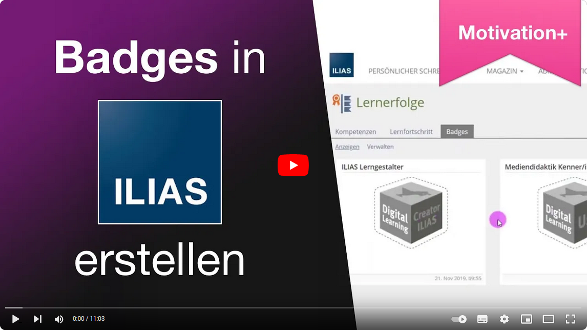 Screenshot mit Link zum Video "Spielerisch einfach – Badges in ILIAS anlegen" auf Youtube