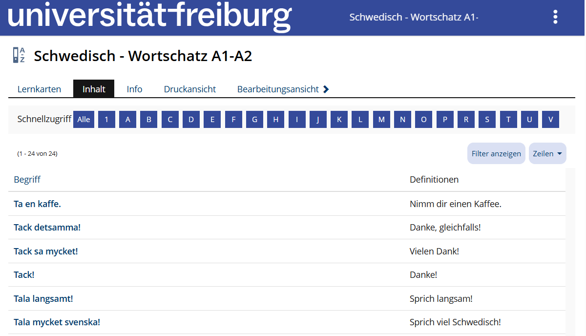 Screenshot eines Glossars