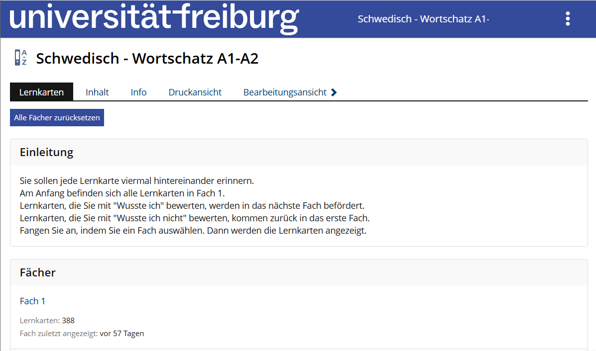 Screenshot eines Glossars mit Lernkarten