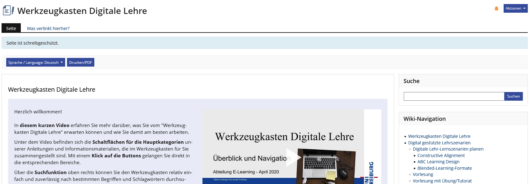 Screenshot der Startseite des Werkzeugkasten Digitale Lehre