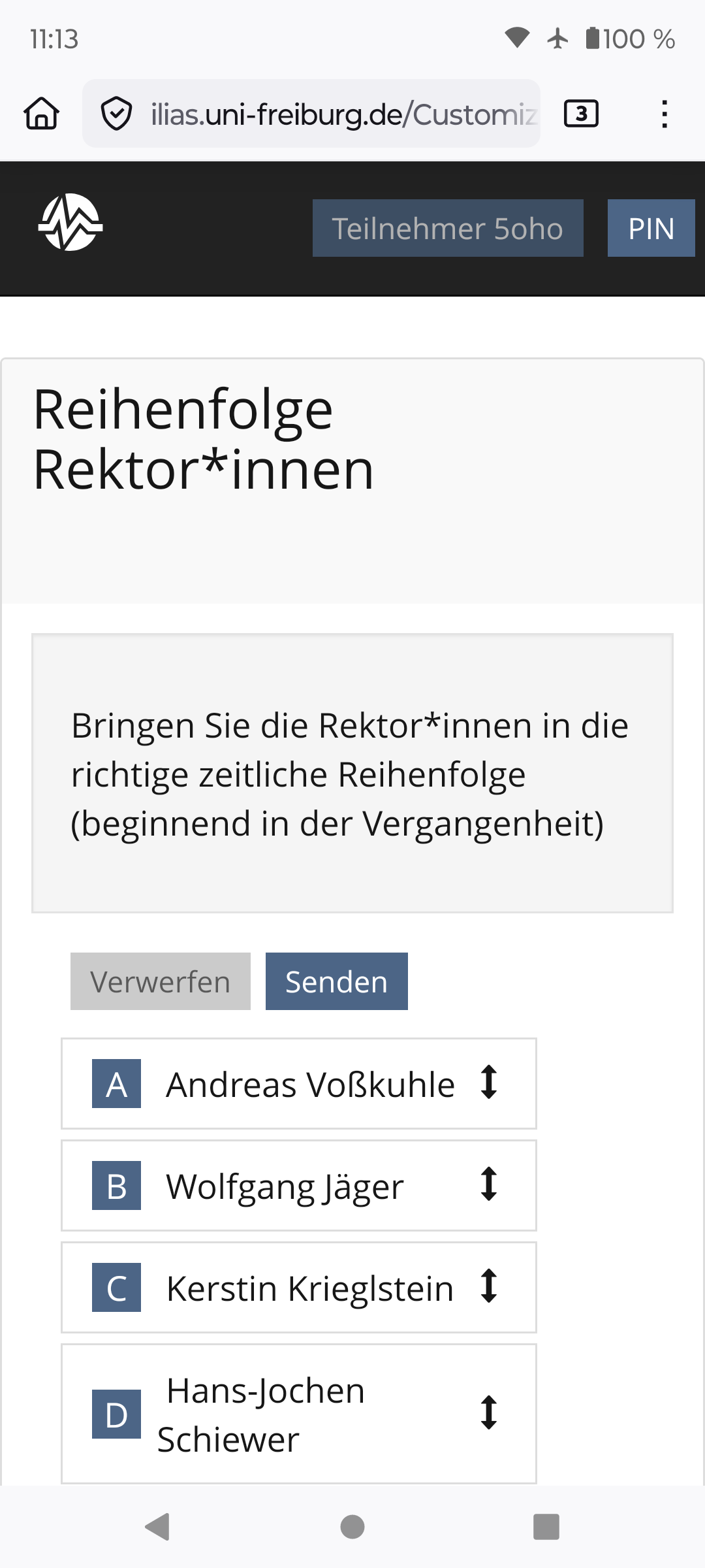 Screenshot Anordnungsfrage: Bringen Sie die Rektor*innen in die richtige zeitliche Reihenfolge: Voßkuhle, Jäger, Krieglstein und Schiewert